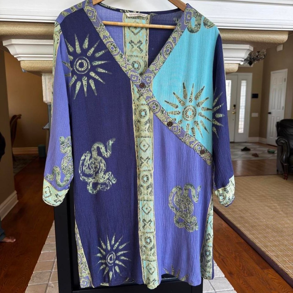 Soft Surroundings blue and purple tunic with gold sun and snake motifs gauze